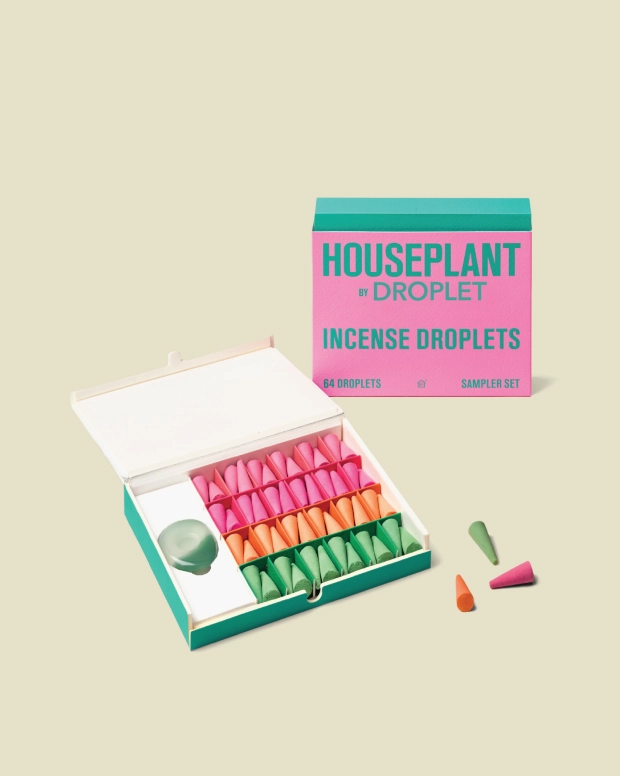 Droplet Incense Cones: an open box of pink, orange and green cones with its pink and teal sleeve