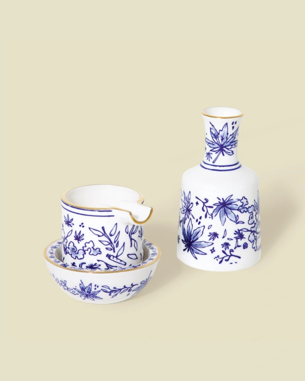 Ashtray Set by Seth - Floral: white ashtray and vase painted with blue flowers