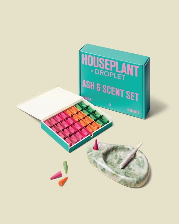Droplet Ash and Scent Set: a box of incense cones with a green marble burner