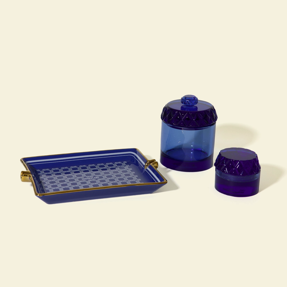 The Session Set in blue glass: catchall ashtray, stash jar and grinder